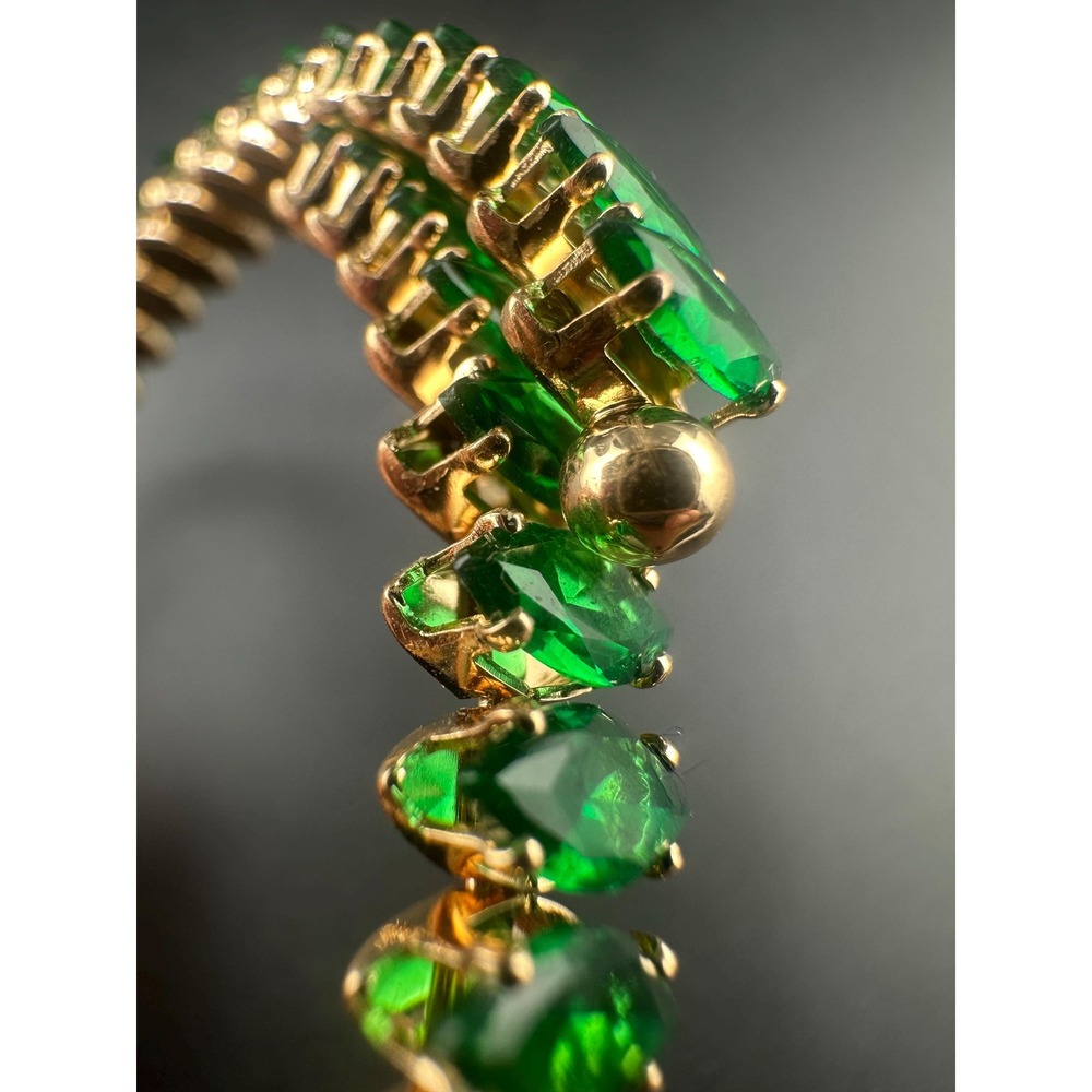 Vintage Emerald Green Glass Navette Rhinestone Flexible Bracelet Mid Century - Picture 8 of 11